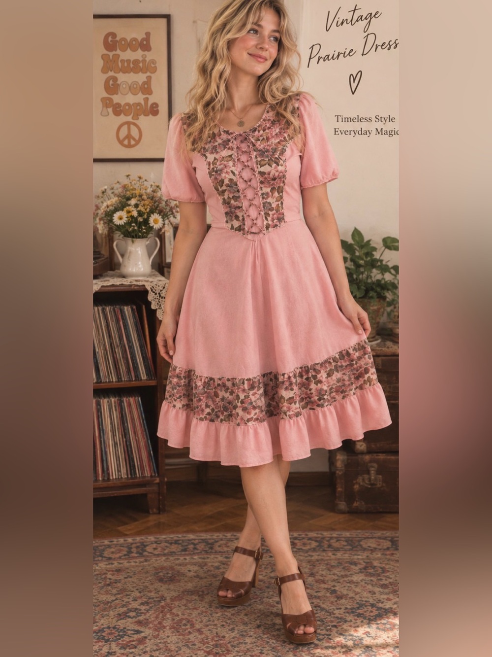 *1970’s-Vintage polyester dress -Wards- pink with floral & corset tied bodice